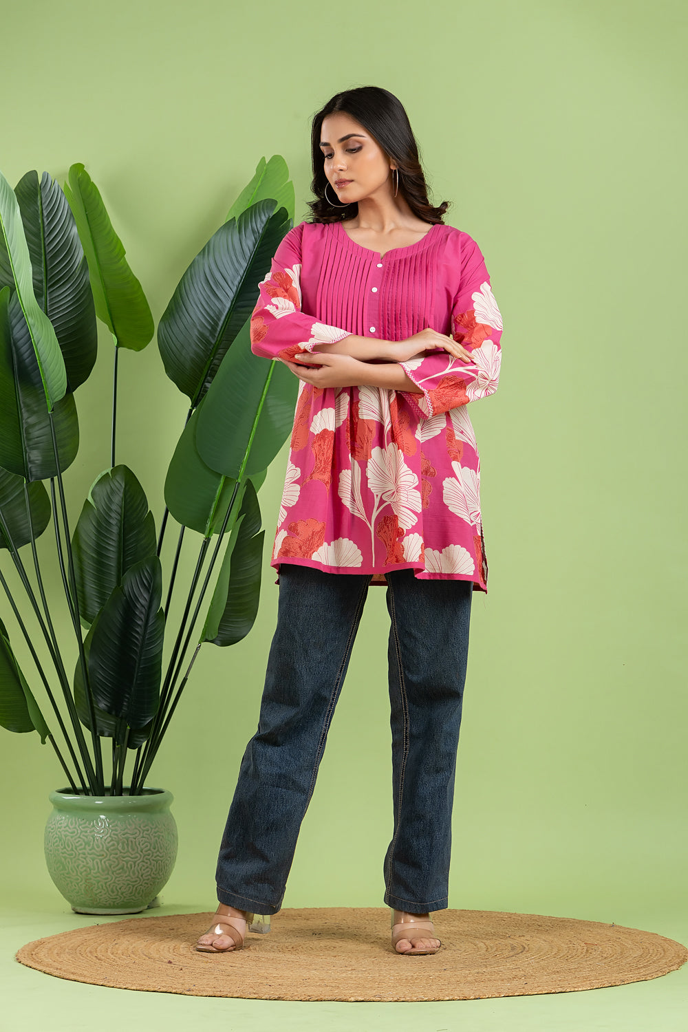 Magenta Pink Floral Print Pleated Short Kurta