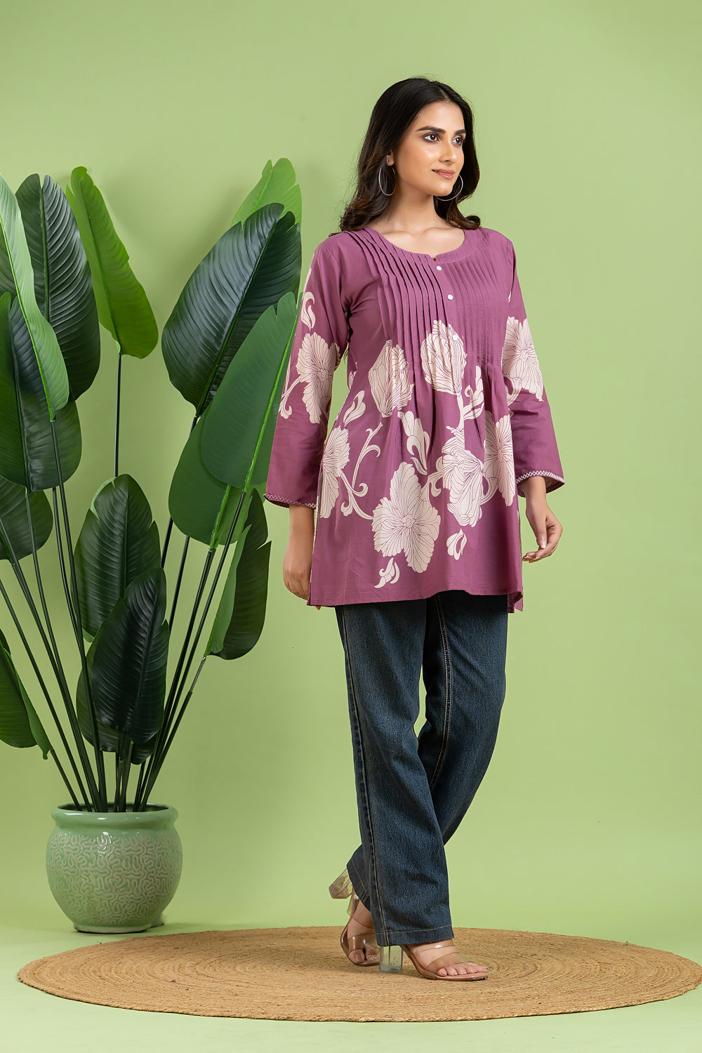 Purple Floral Print Pleated Short Kurta