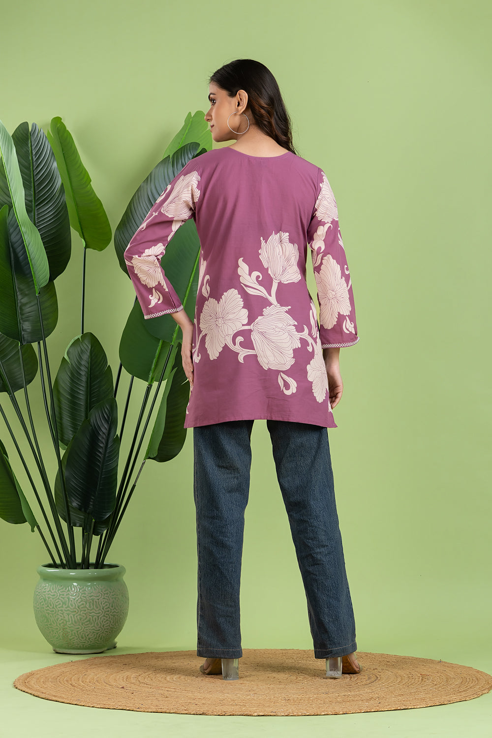 Purple Floral Print Pleated Short Kurta