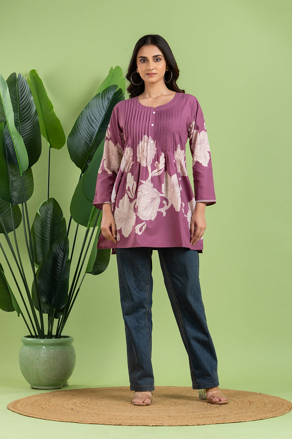 Purple Floral Print Pleated Short Kurta