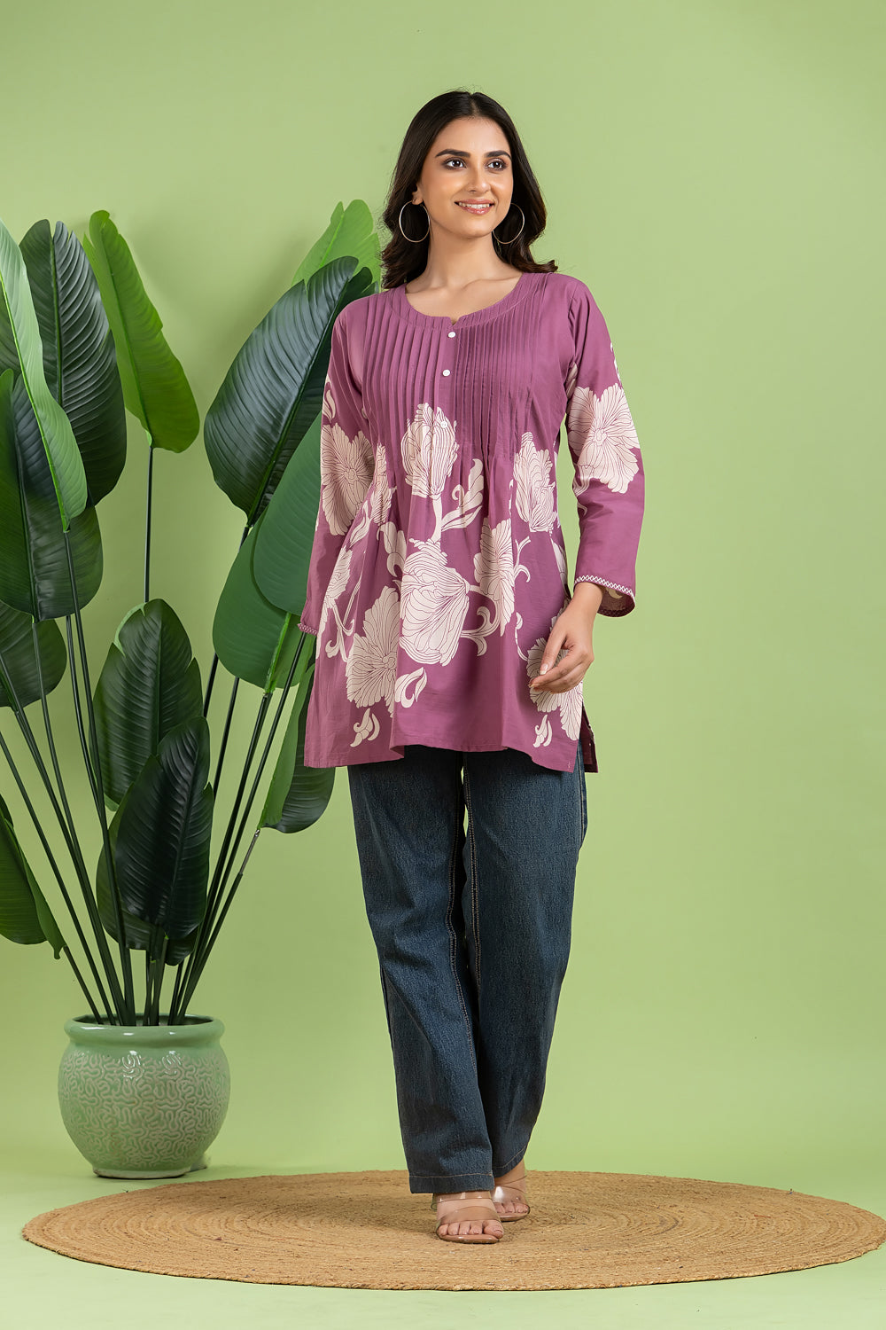 Purple Floral Print Pleated Short Kurta