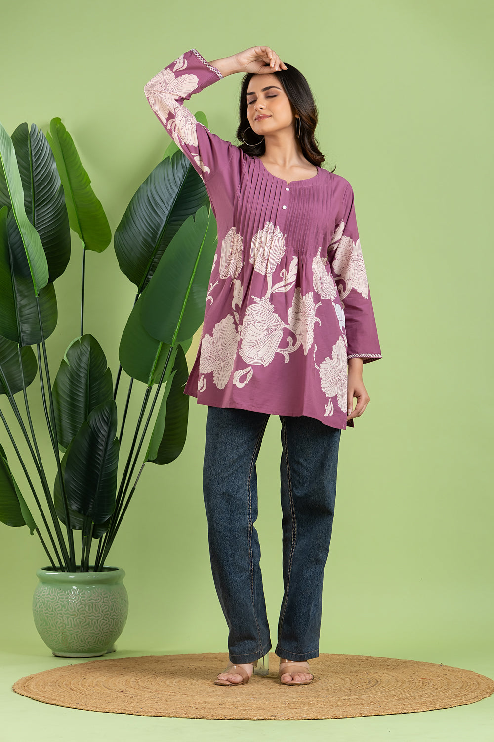 Purple Floral Print Pleated Short Kurta
