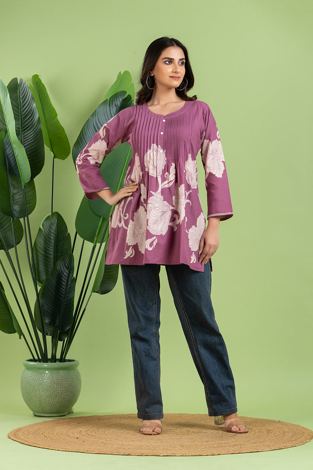 Purple Floral Print Pleated Short Kurta