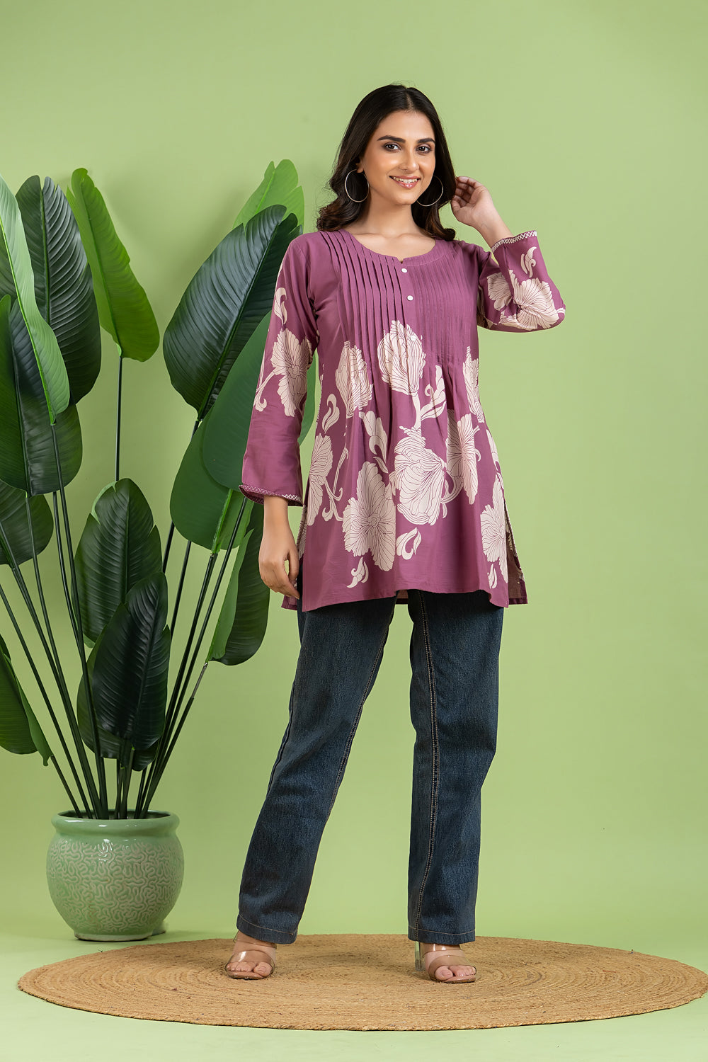 Purple Floral Print Pleated Short Kurta