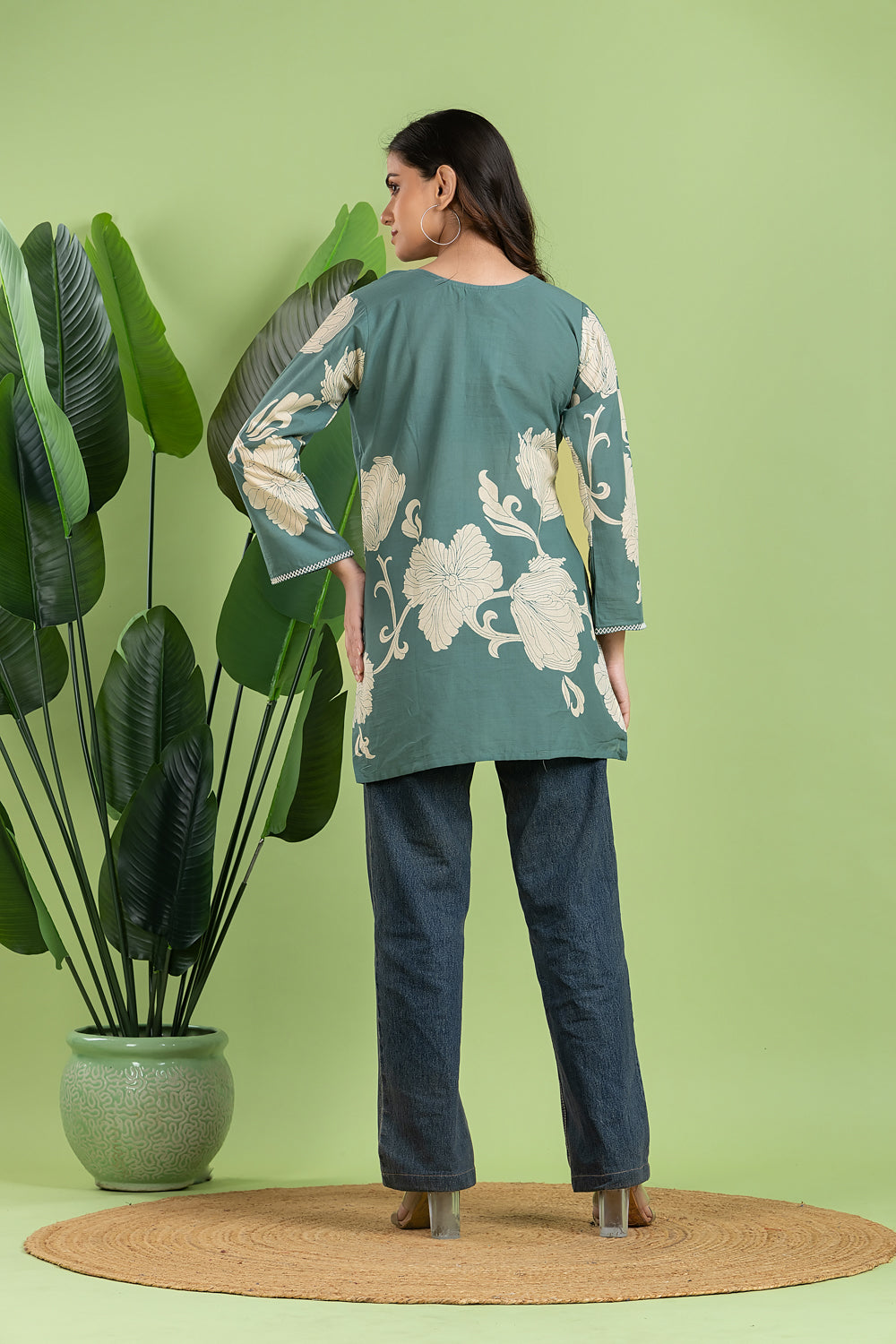 Dusty Green Floral Print Pleated Short Kurta
