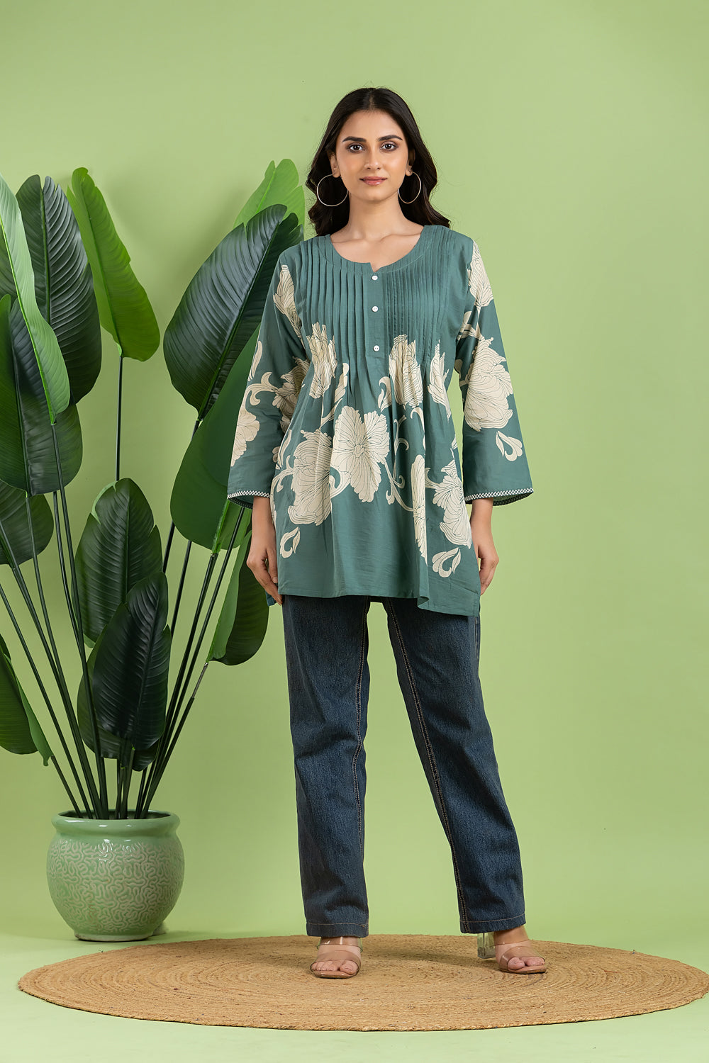 Dusty Green Floral Print Pleated Short Kurta