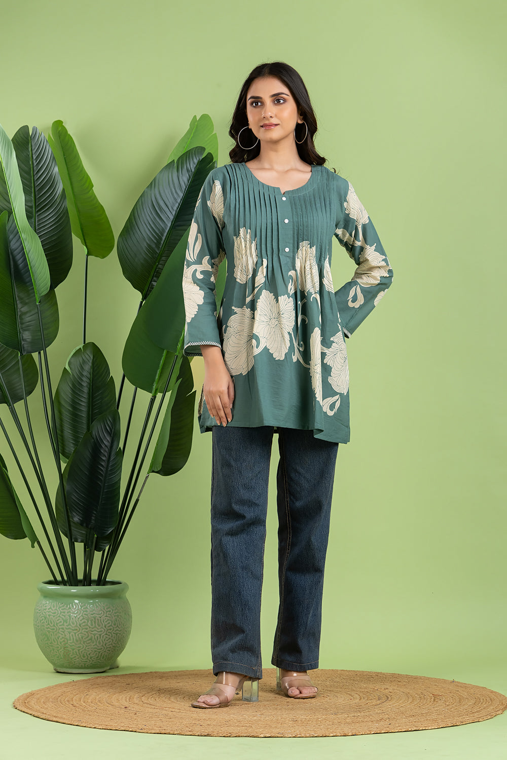 Dusty Green Floral Print Pleated Short Kurta