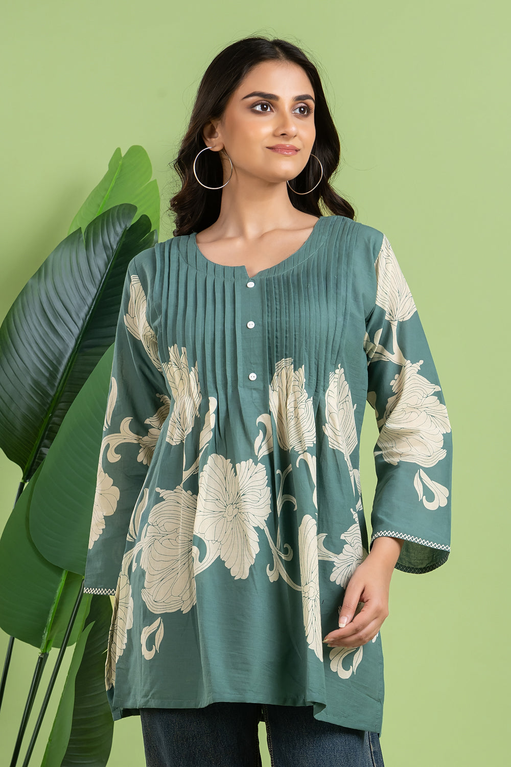 Dusty Green Floral Print Pleated Short Kurta