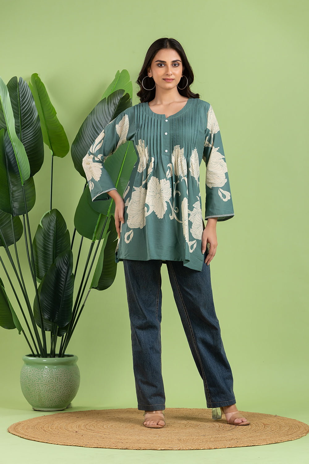 Dusty Green Floral Print Pleated Short Kurta