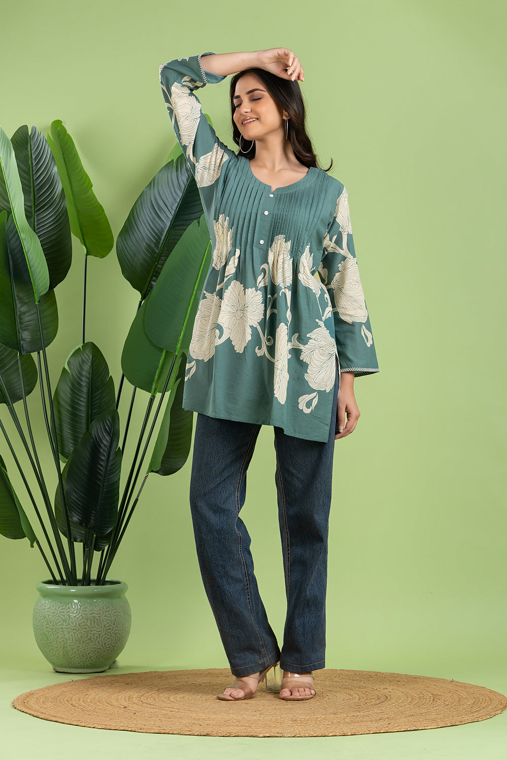 Dusty Green Floral Print Pleated Short Kurta