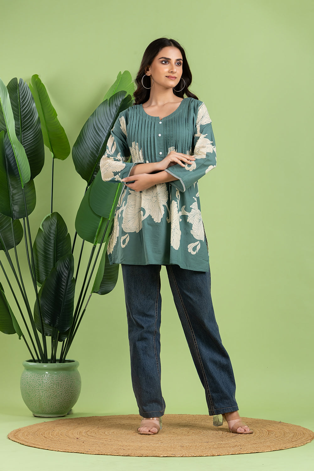 Dusty Green Floral Print Pleated Short Kurta