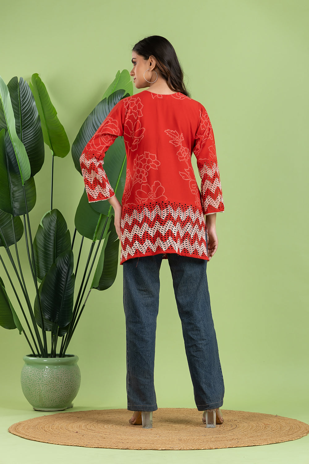 Red Bandhani Print Pleated Short Kurta