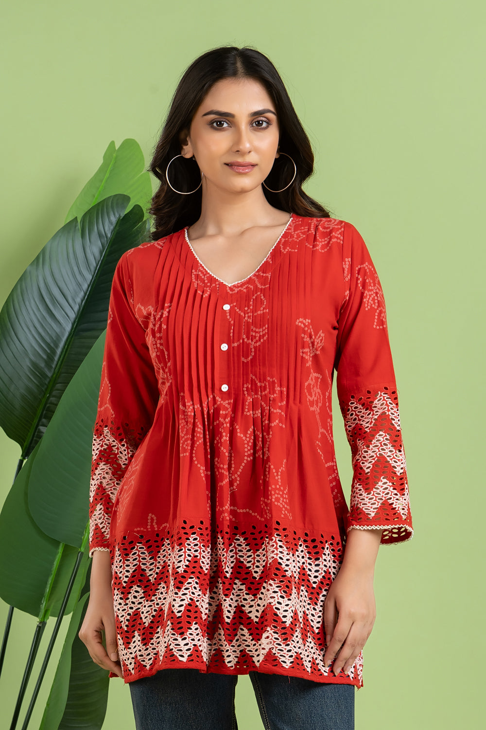 Red Bandhani Print Pleated Short Kurta