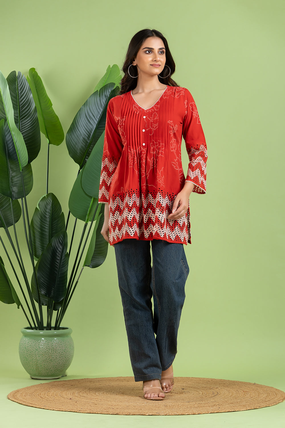 Red Bandhani Print Pleated Short Kurta