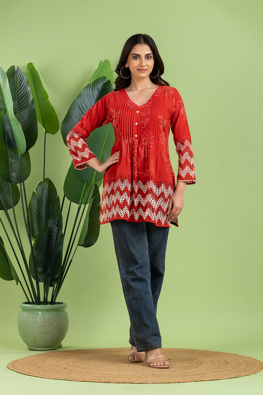 Red Bandhani Print Pleated Short Kurta