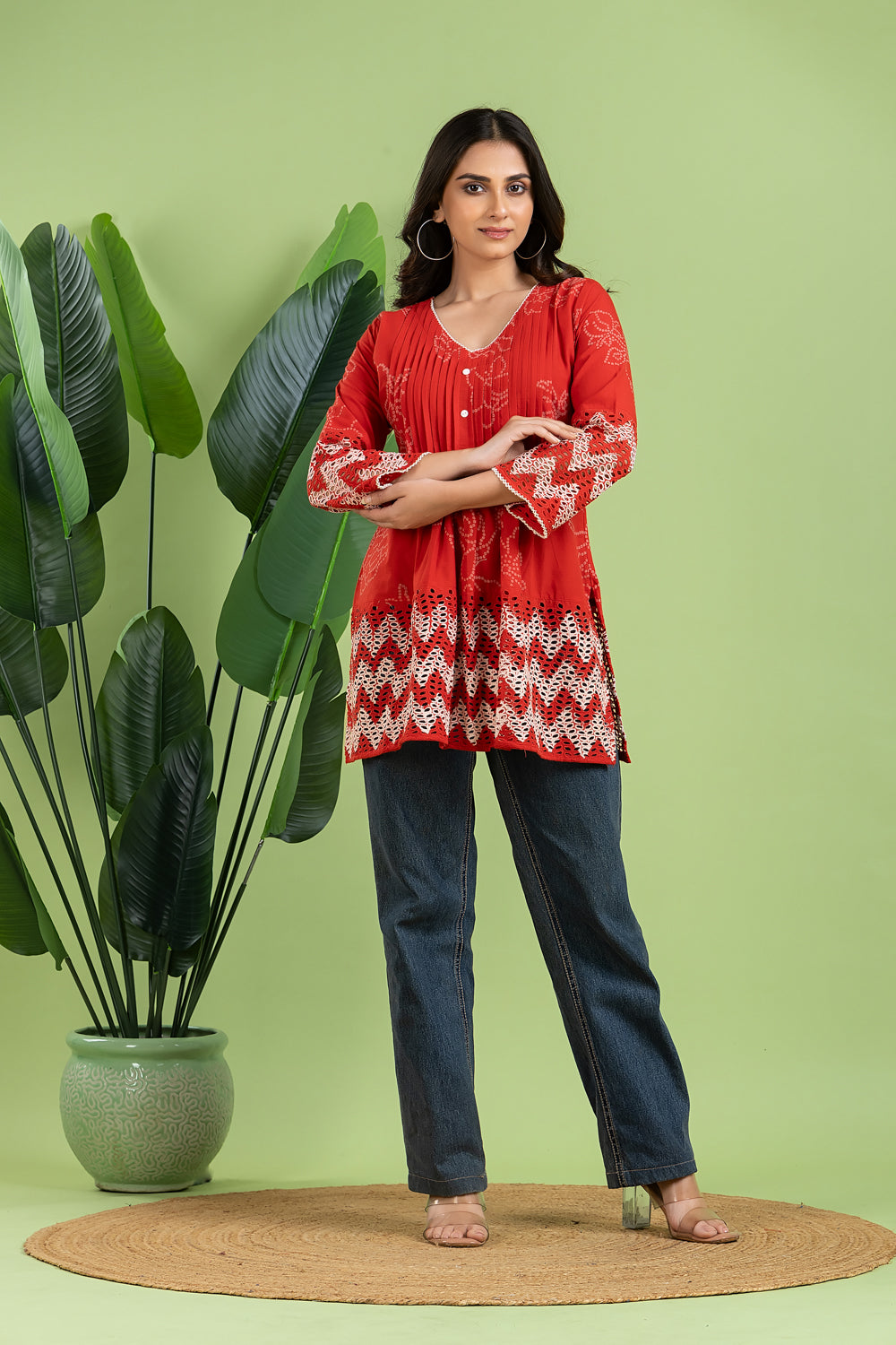 Red Bandhani Print Pleated Short Kurta