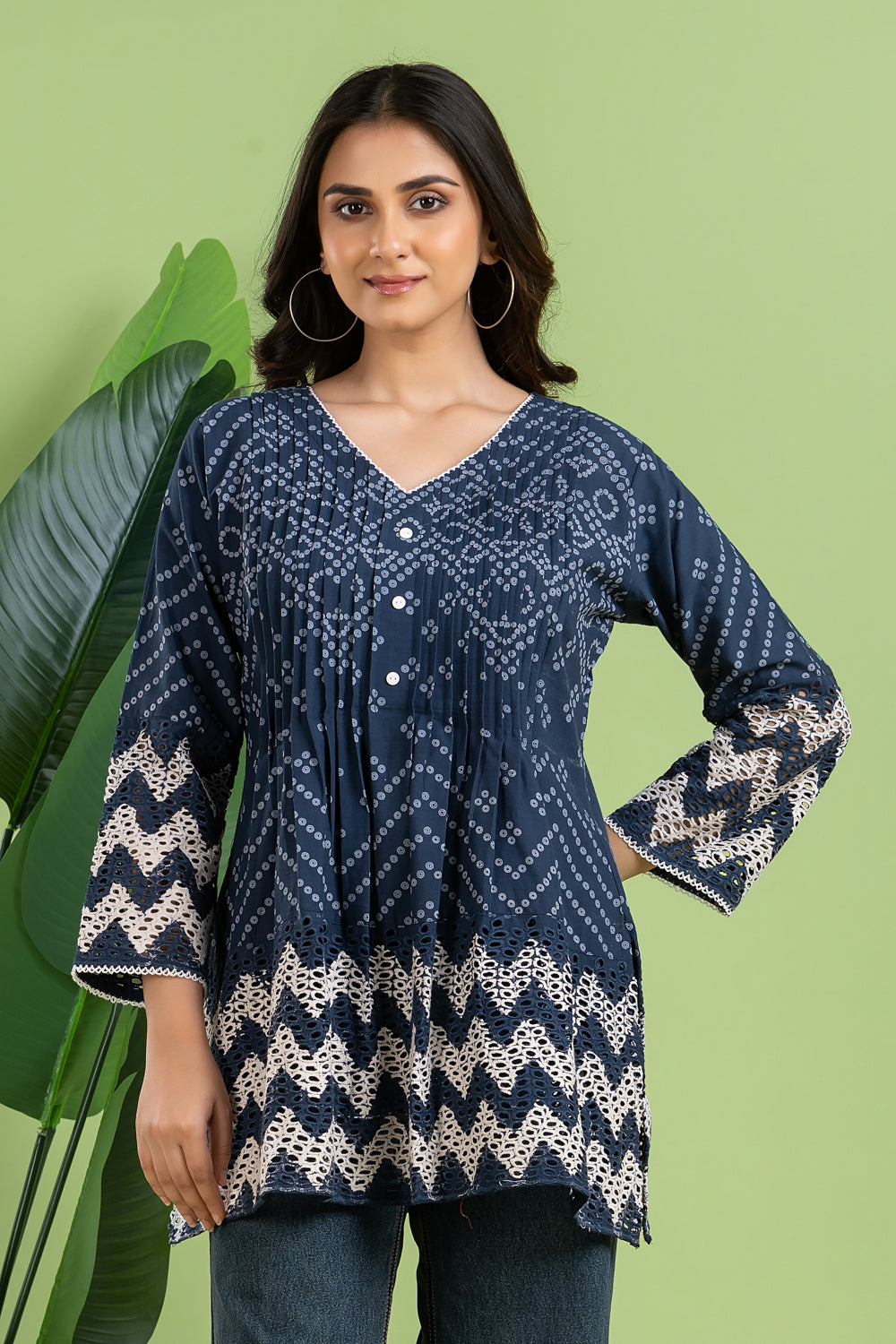 Navy Blue Bandhani Print Pleated Short Kurta