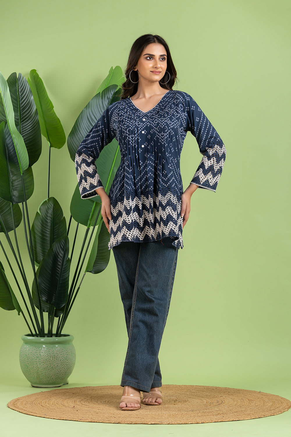 Navy Blue Bandhani Print Pleated Short Kurta