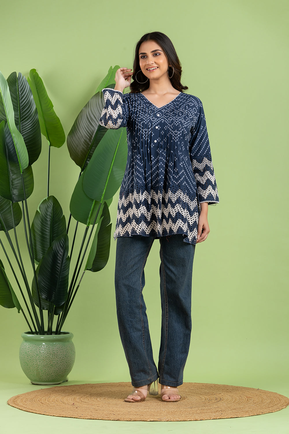 Navy Blue Bandhani Print Pleated Short Kurta
