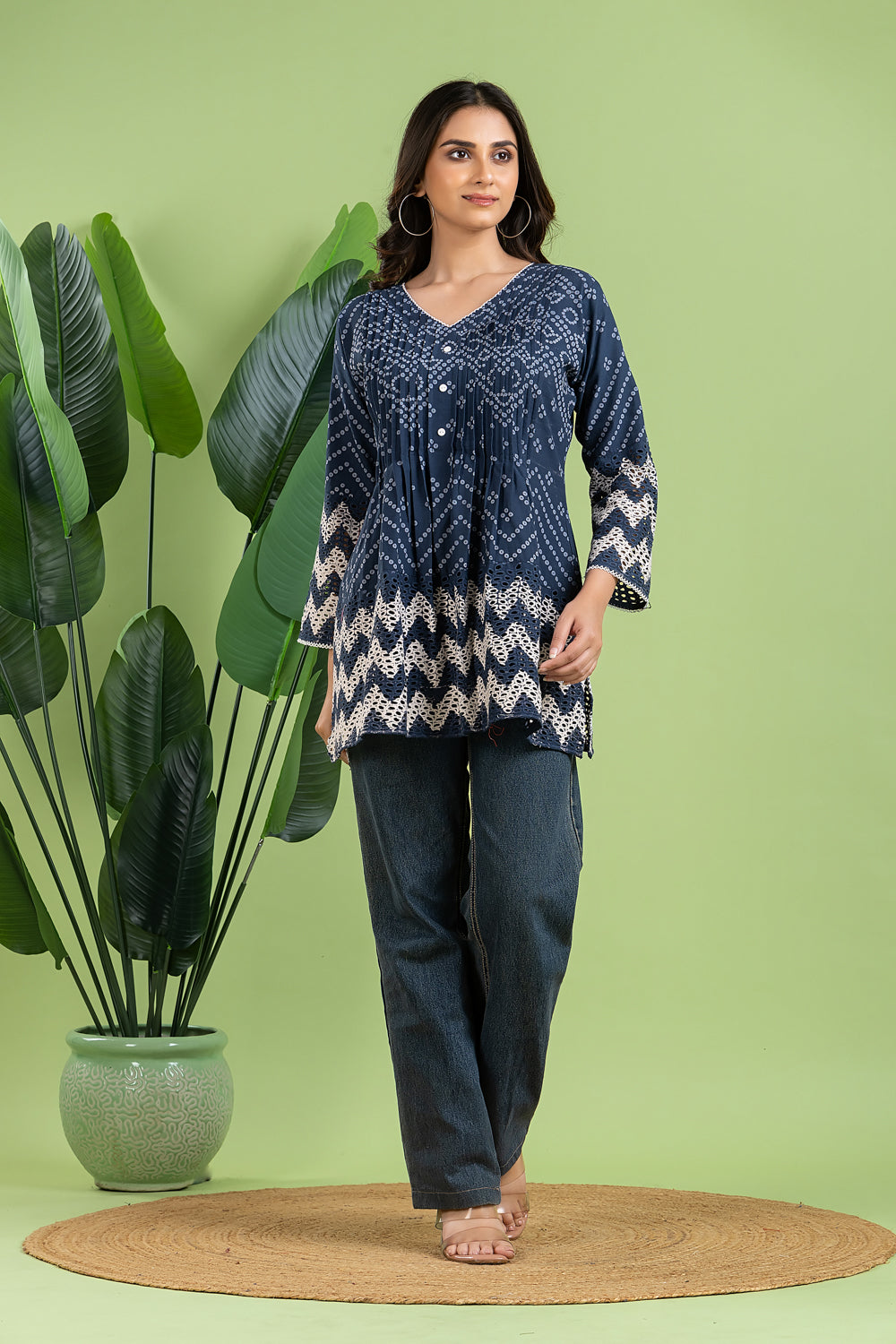 Navy Blue Bandhani Print Pleated Short Kurta