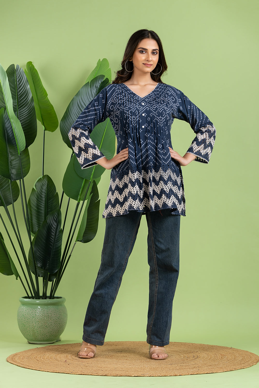 Navy Blue Bandhani Print Pleated Short Kurta