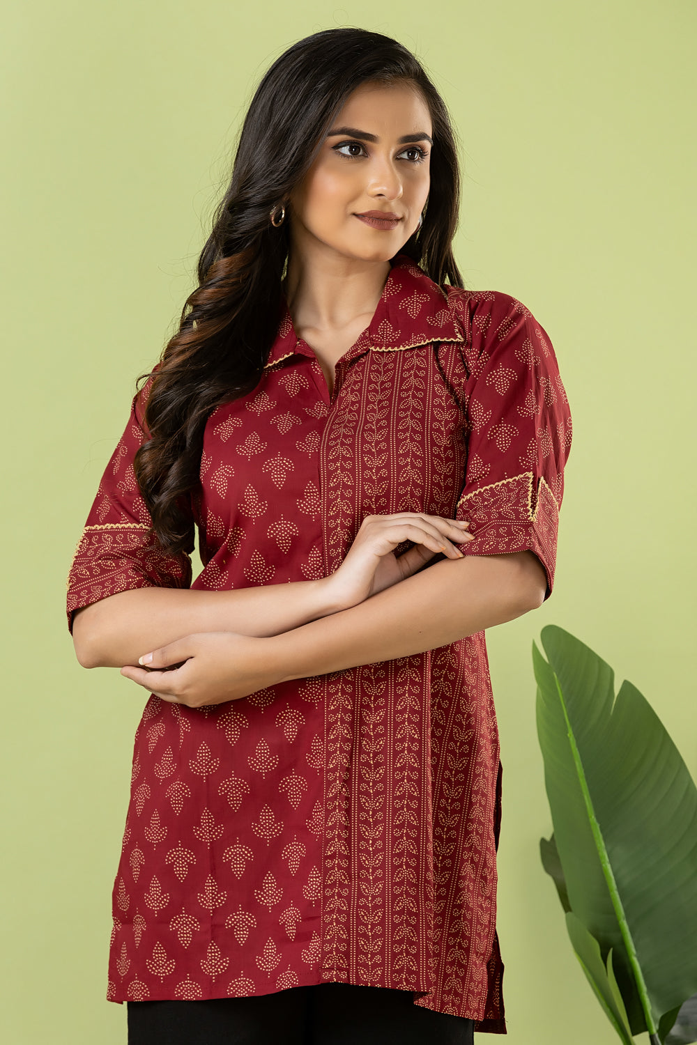 Maroon Leaf Print Mix & Match Short Kurta