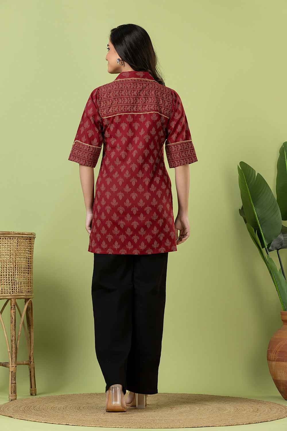 Maroon Leaf Print Mix & Match Short Kurta