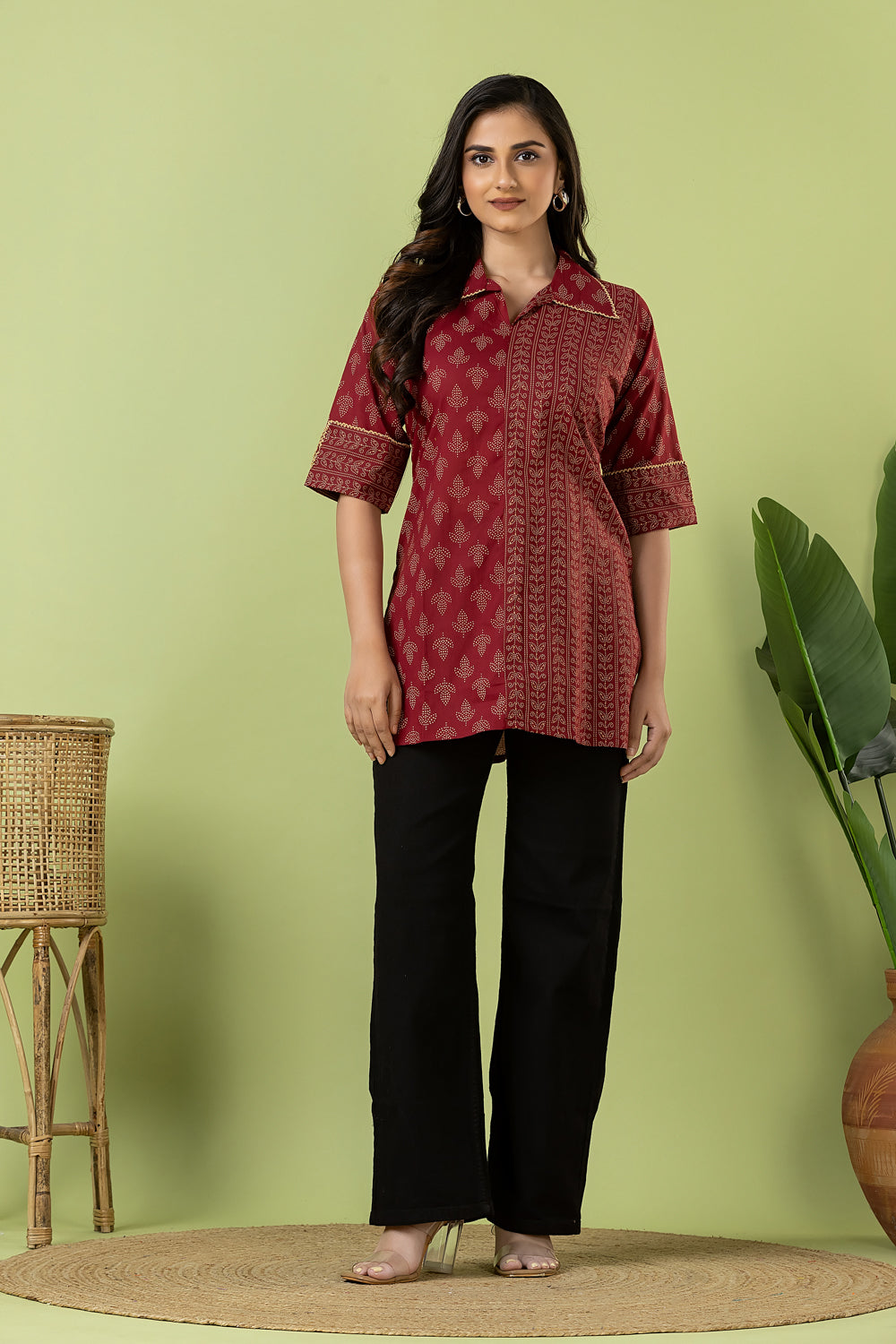 Maroon Leaf Print Mix & Match Short Kurta