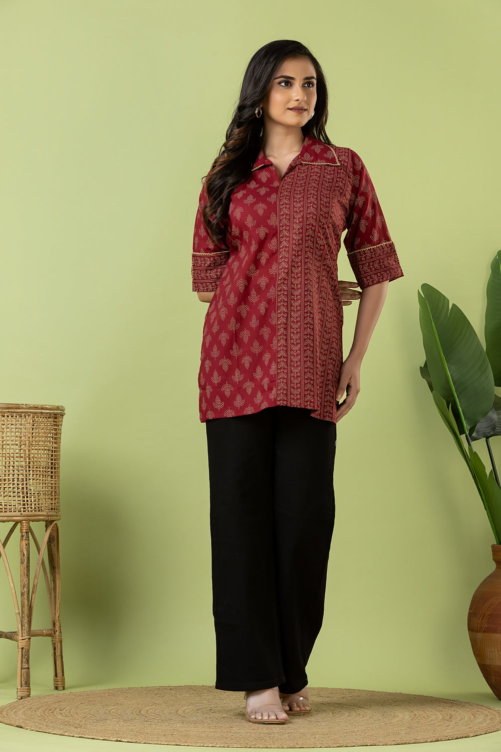Maroon Leaf Print Mix & Match Short Kurta