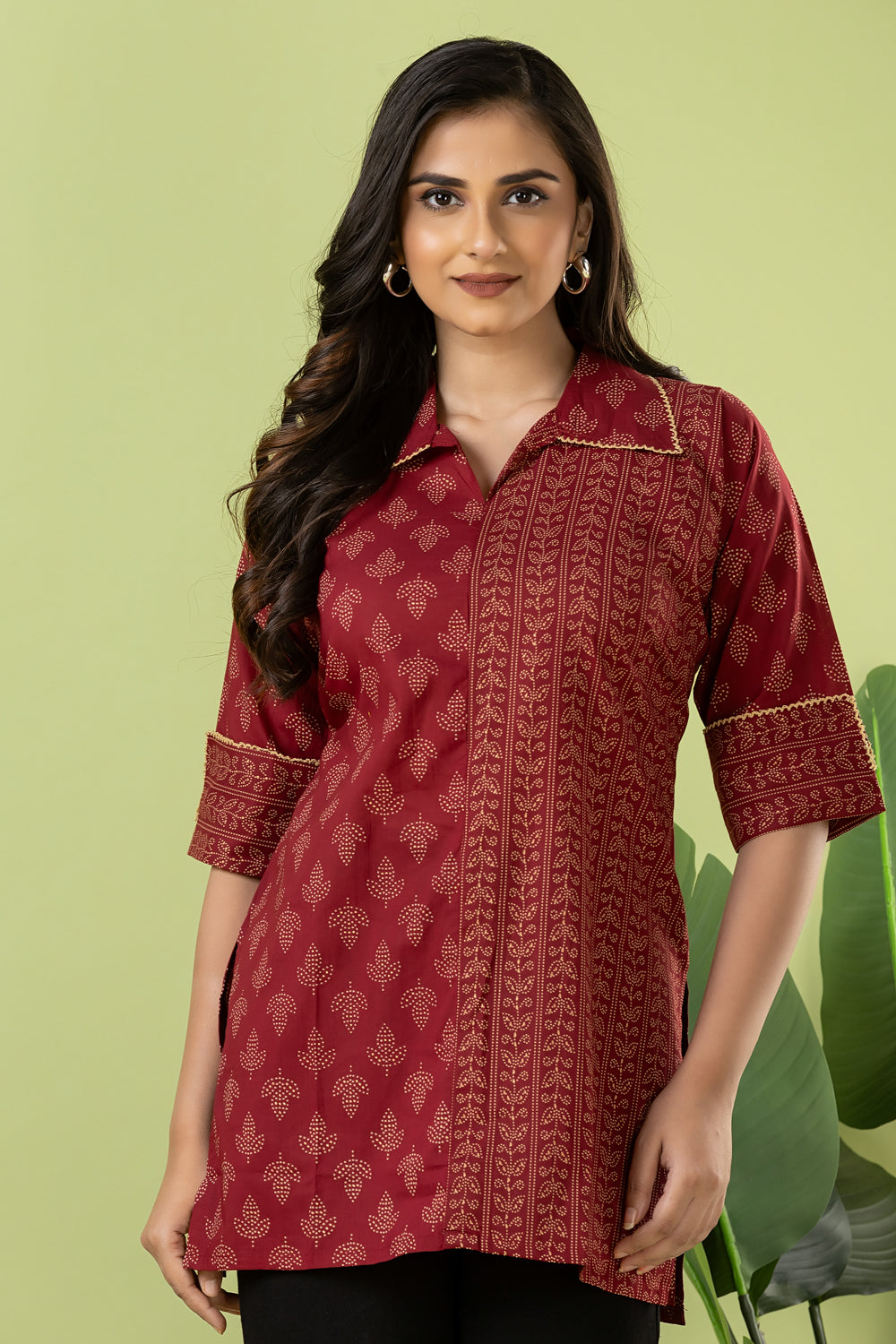 Maroon Leaf Print Mix & Match Short Kurta