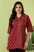 Maroon Leaf Print Mix & Match Short Kurta