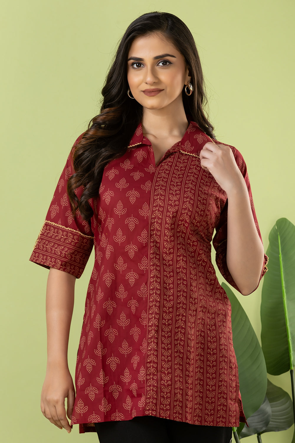 Maroon Leaf Print Mix & Match Short Kurta