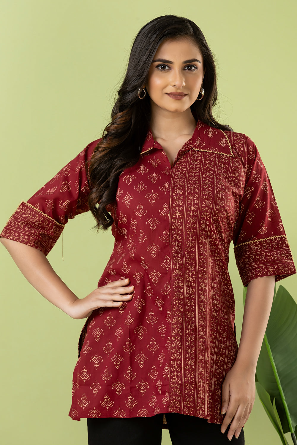 Maroon Leaf Print Mix & Match Short Kurta