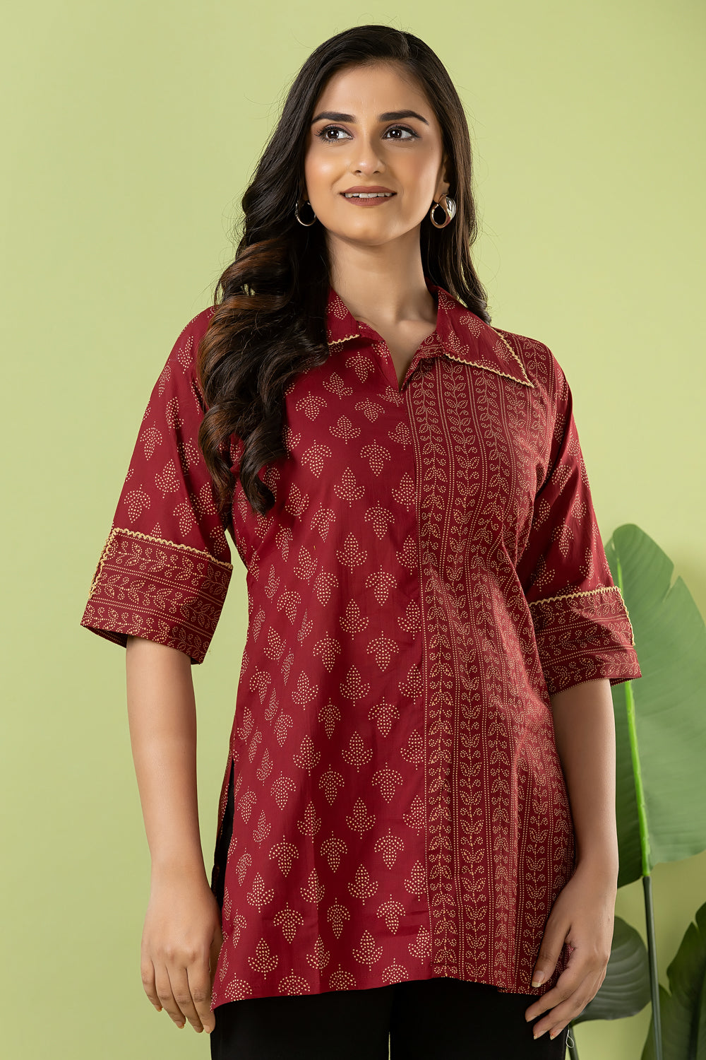 Maroon Leaf Print Mix & Match Short Kurta
