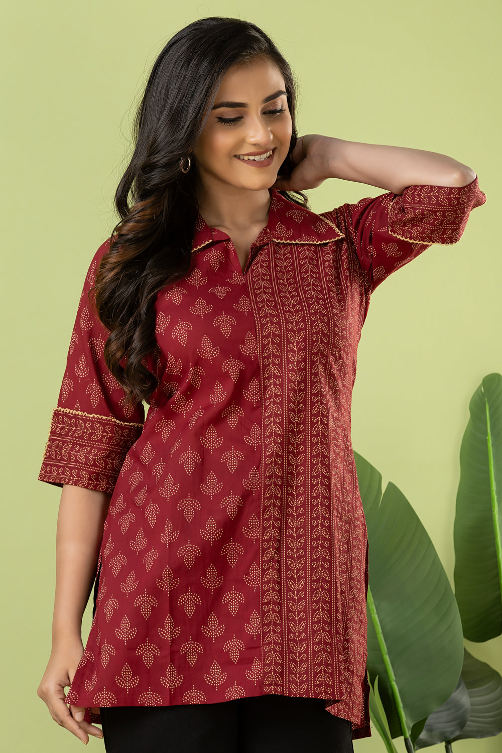 Maroon Leaf Print Mix & Match Short Kurta