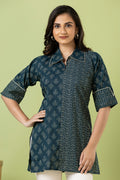 Teal Blue Leaf Print Mix & Match Short Kurta
