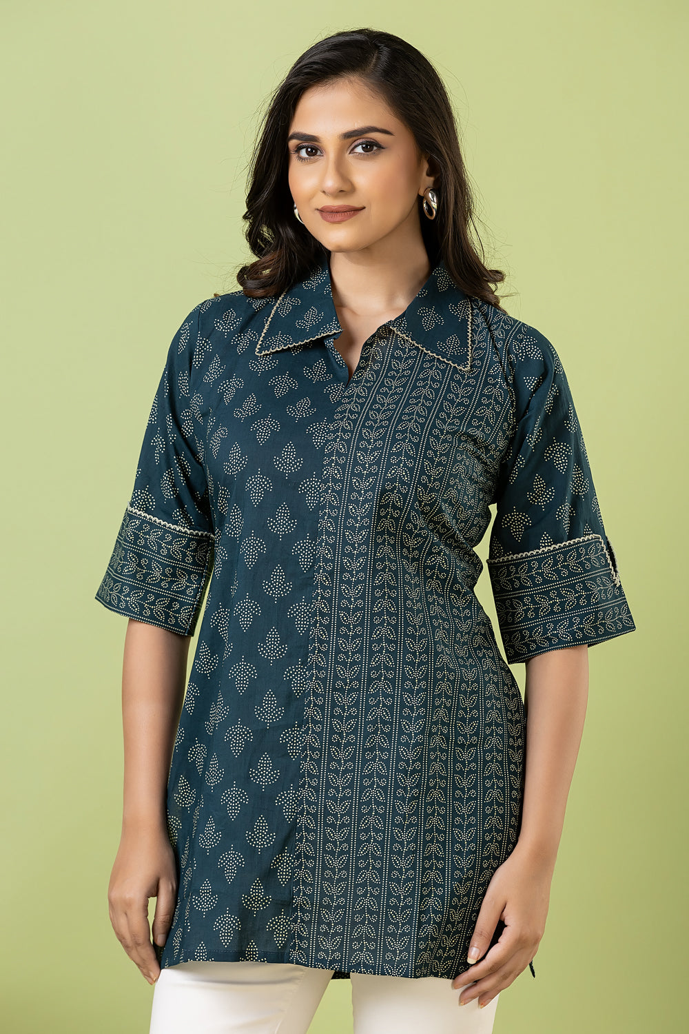 Teal Blue Leaf Print Mix & Match Short Kurta