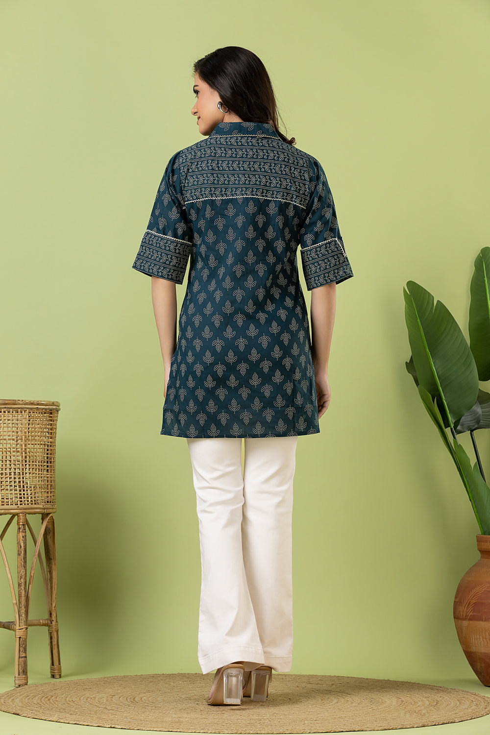 Teal Blue Leaf Print Mix & Match Short Kurta