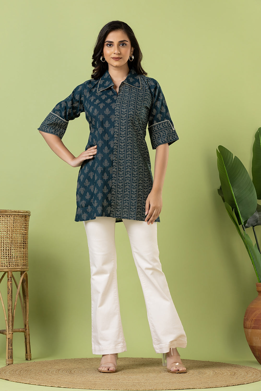 Teal Blue Leaf Print Mix & Match Short Kurta
