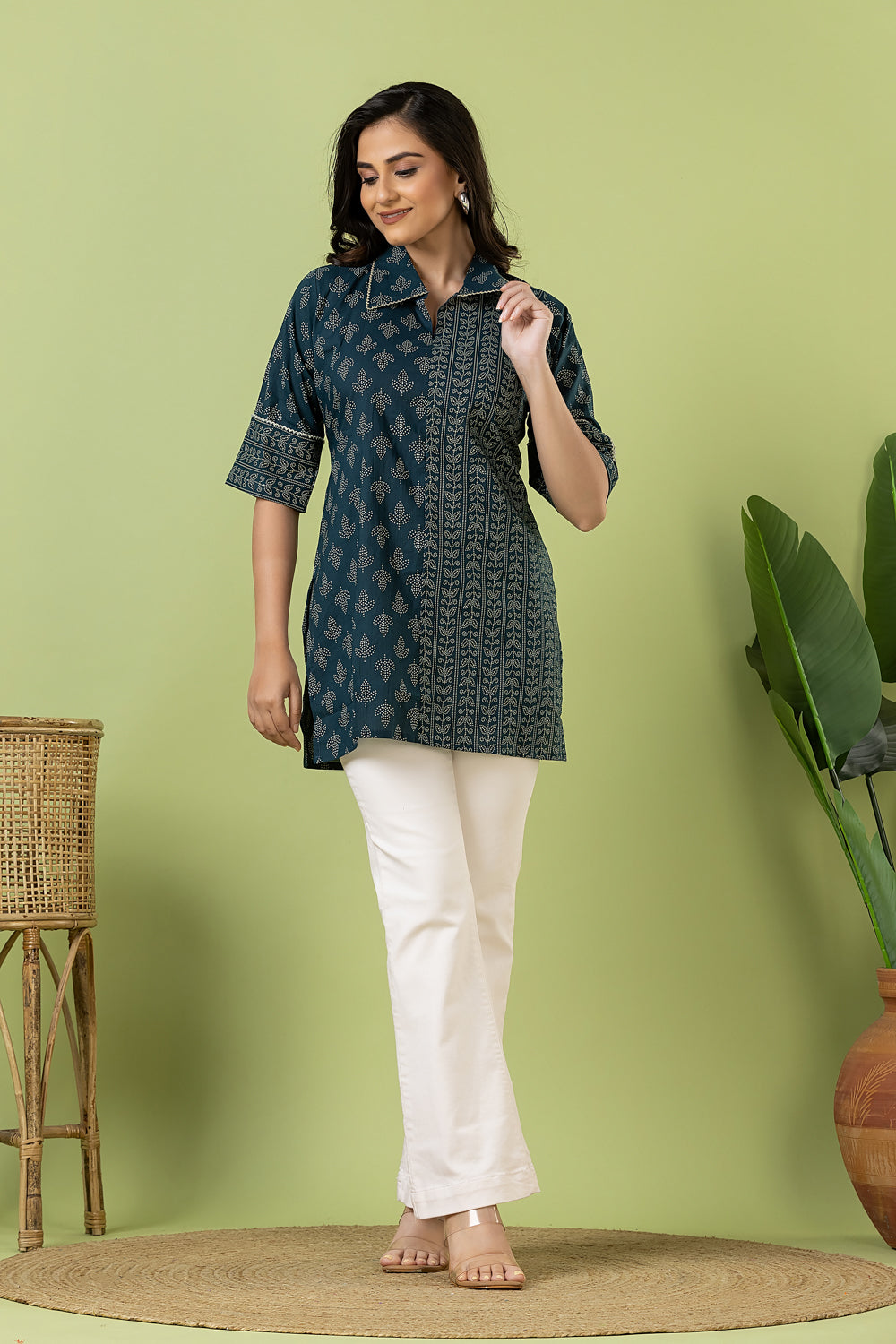 Teal Blue Leaf Print Mix & Match Short Kurta