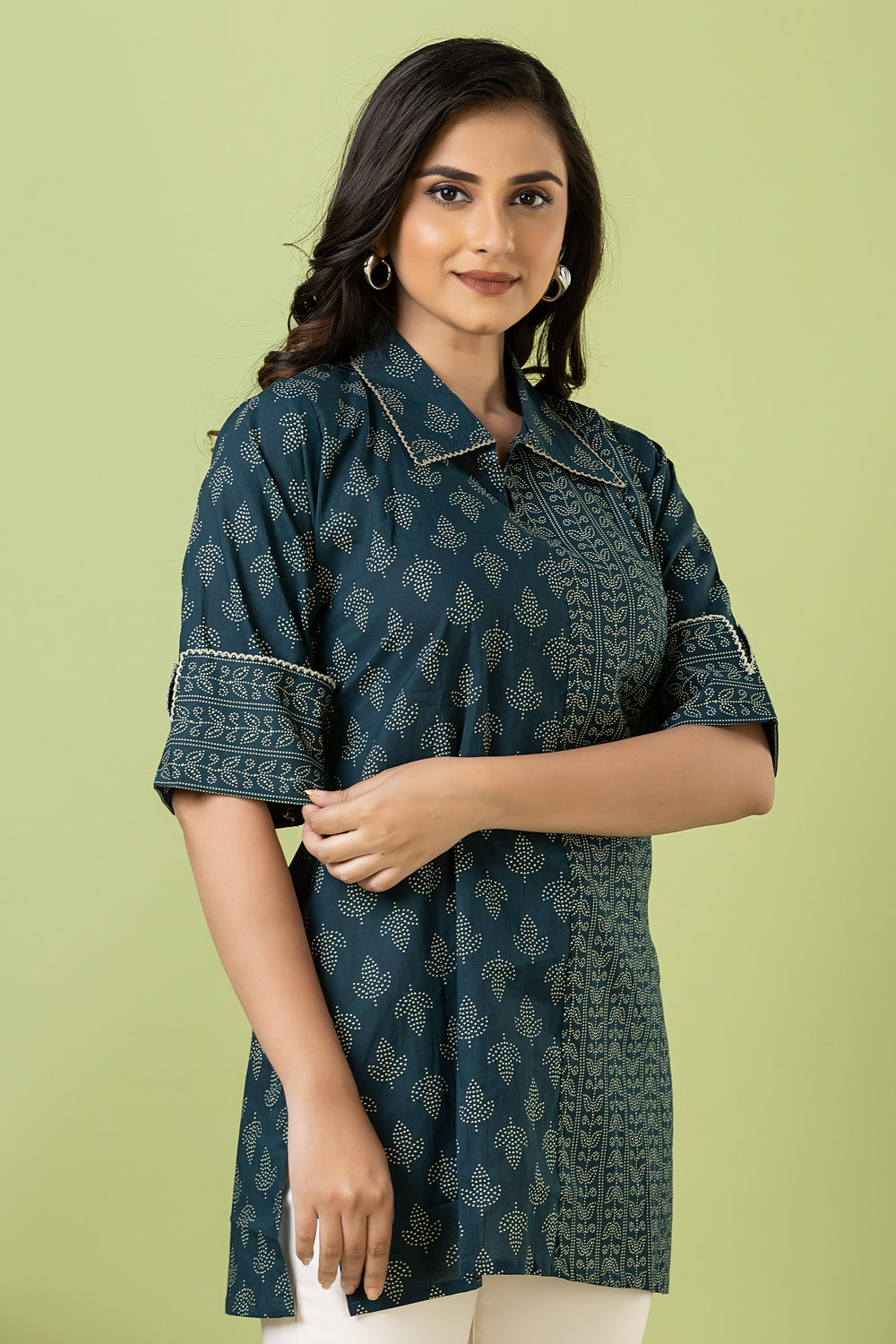 Teal Blue Leaf Print Mix & Match Short Kurta