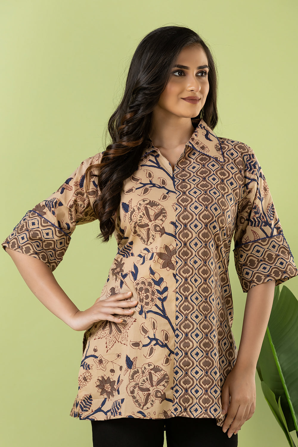 Beige Floral Print Mix & Match Short Kurta