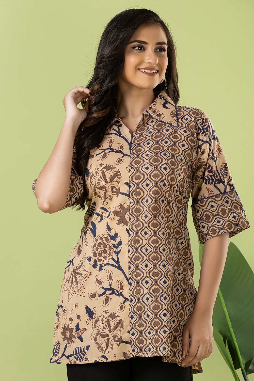 Beige Floral Print Mix & Match Short Kurta