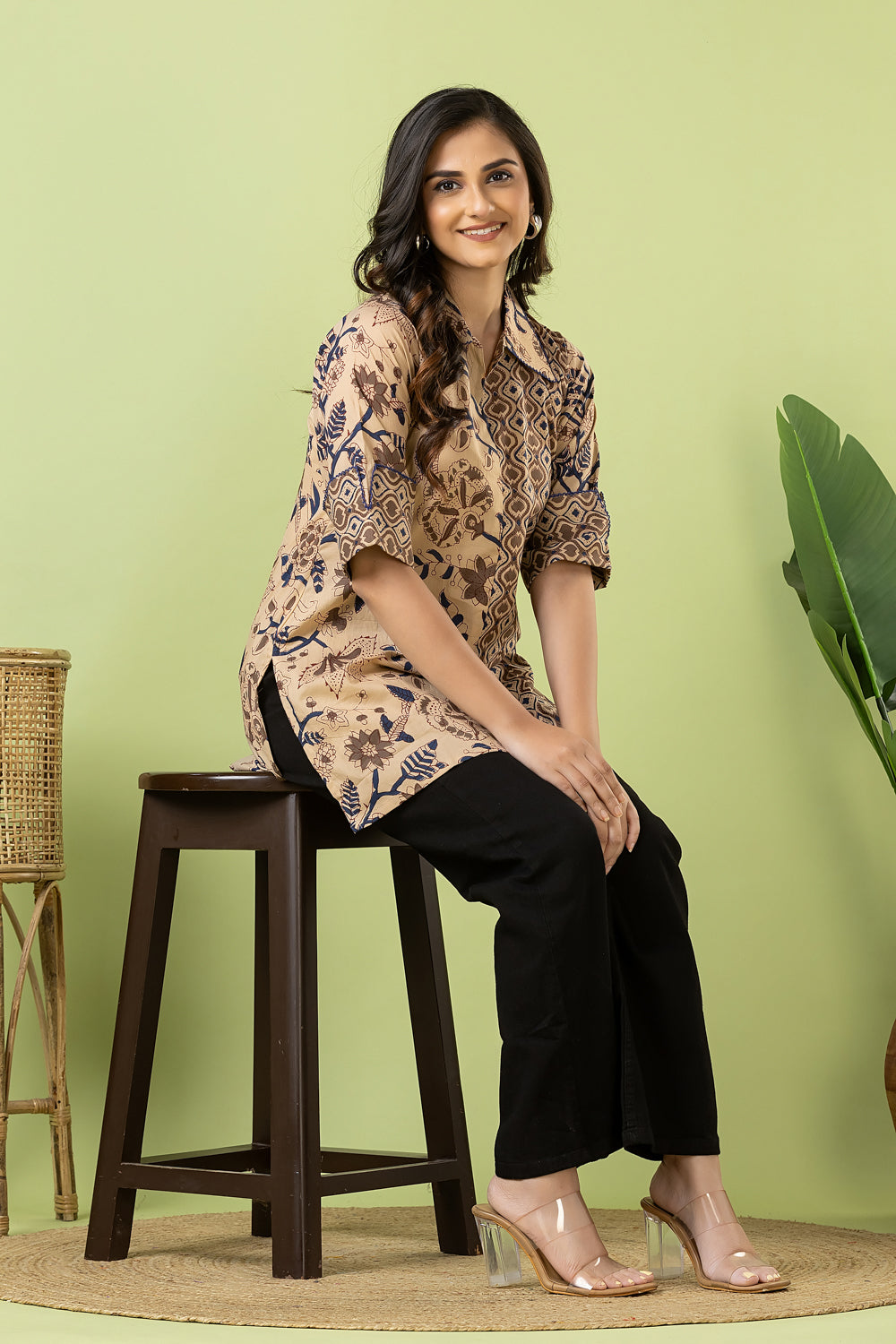 Beige Floral Print Mix & Match Short Kurta