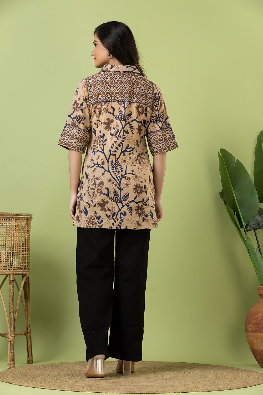 Beige Floral Print Mix & Match Short Kurta