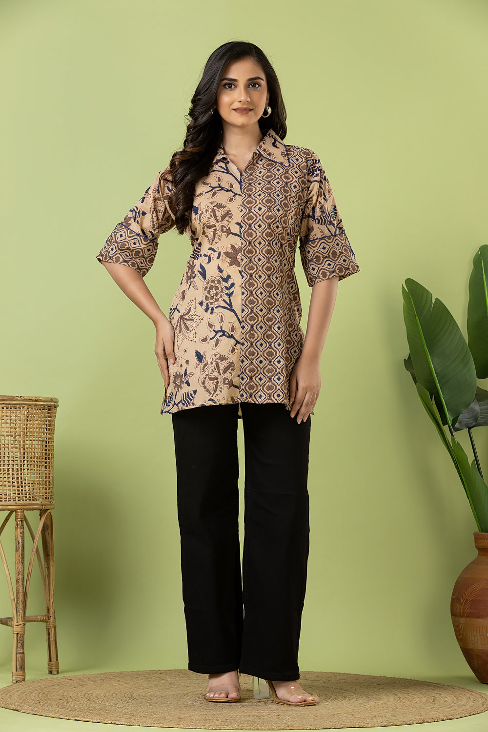 Beige Floral Print Mix & Match Short Kurta