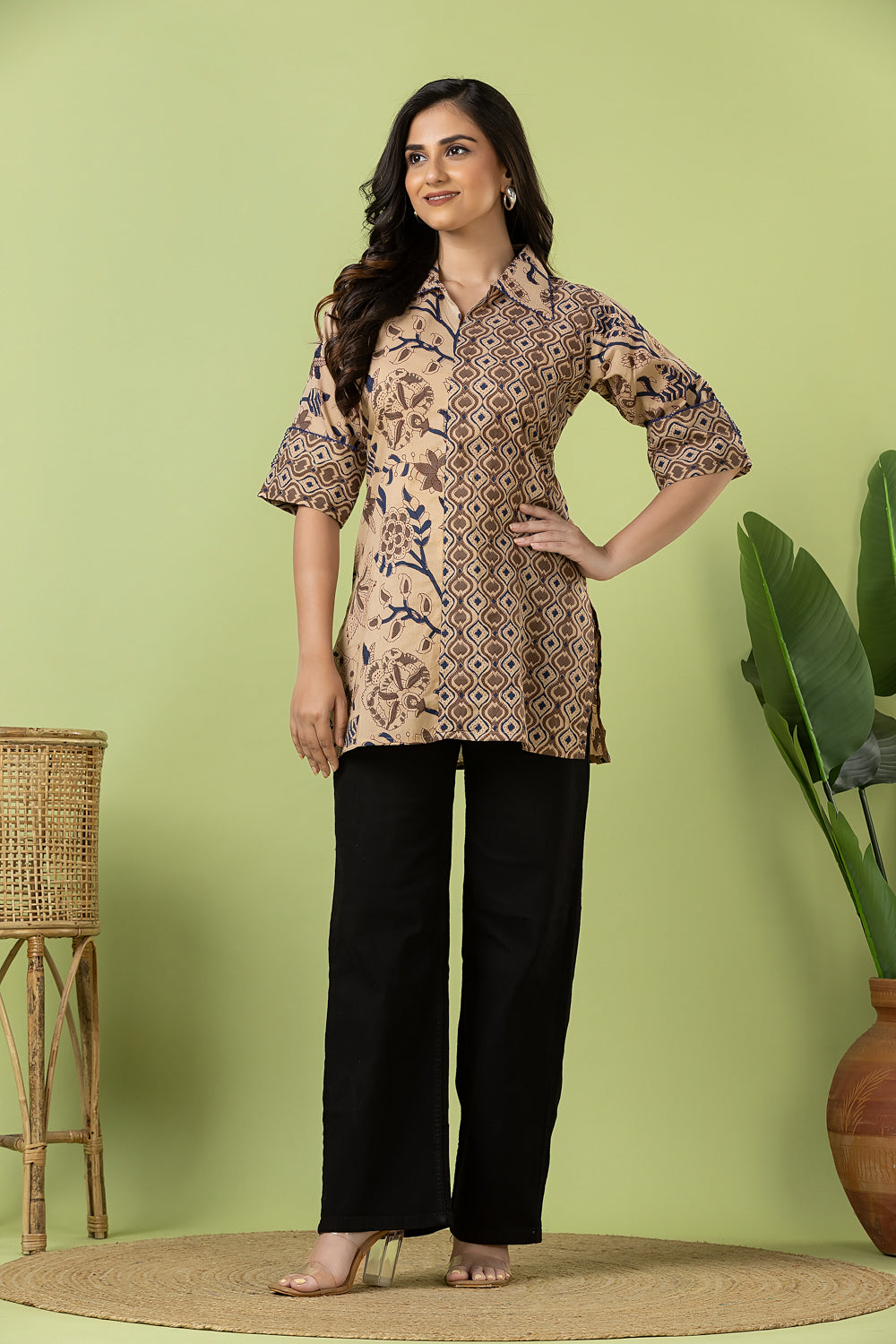 Beige Floral Print Mix & Match Short Kurta