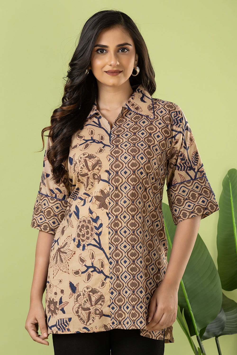 Beige Floral Print Mix & Match Short Kurta