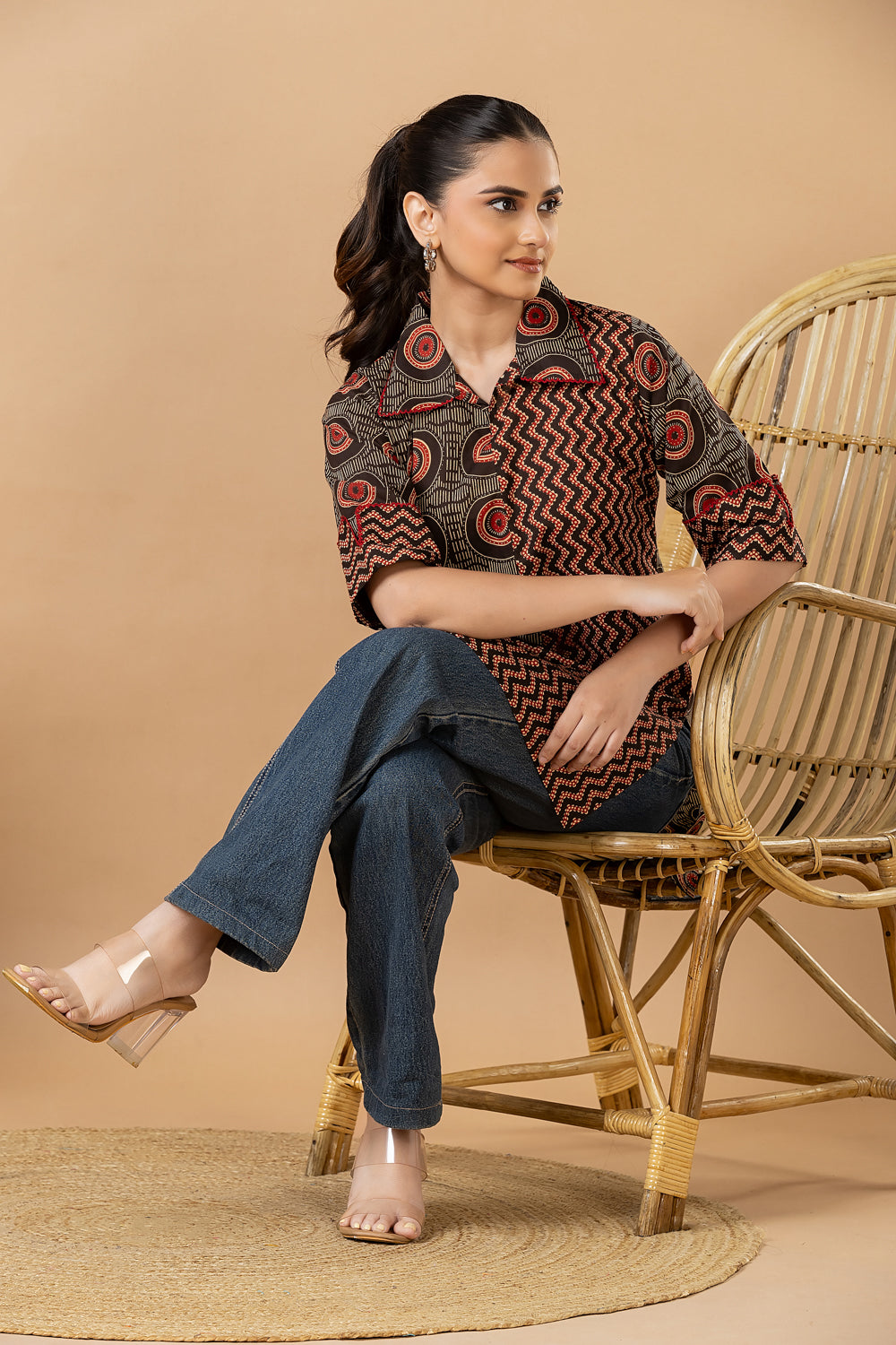 Black & Red Geometric Print Mix & Match Short Kurta