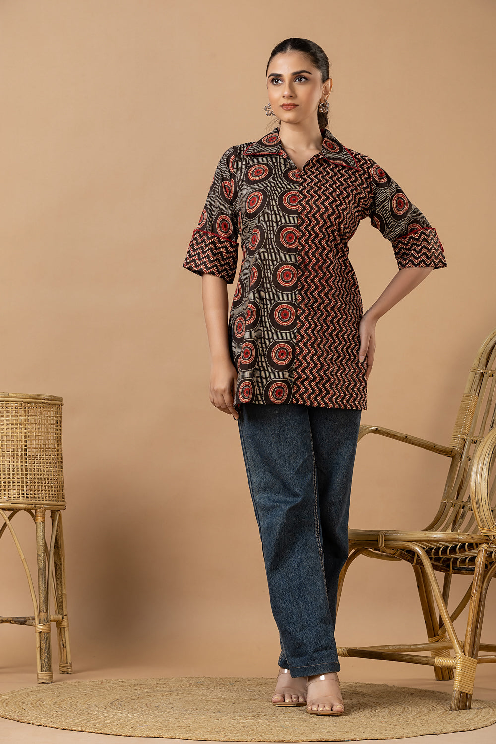 Black & Red Geometric Print Mix & Match Short Kurta